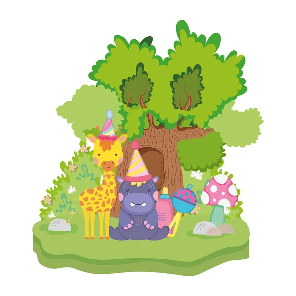 Kleine Giraffe Und Nilpferd Mit Party Hüten Vektor Illustration Design — Stockvektor