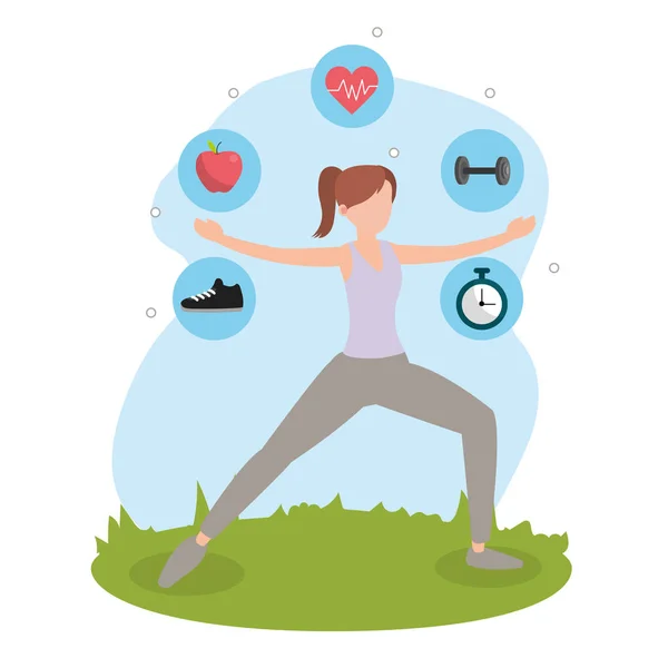 Joven Mujer Haciendo Yoga Pose Con Iconos Dibujos Animados Vector — Vector de stock