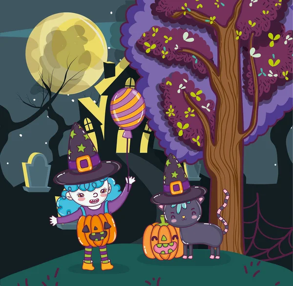 Oslava Halloween Dívka Čarodějnice Kostým Kreslené Vektorové Ilustrace Grafický Design — Stockový vektor