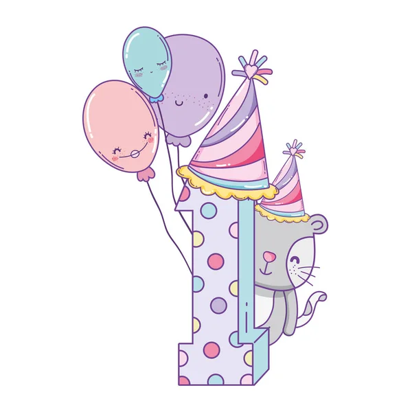 Gelukkige Verjaardag Kat Nummer Één Met Hoed Ballloons Vector Illustratie — Stockvector