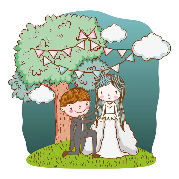 Mariage Couple Proposition Sur Nature Paysage Mignon Dessin Animé Vectoriel — Image vectorielle