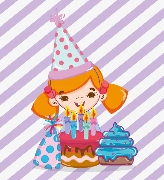 Chica Con Pastel Cumpleaños Sombrero Vector Ilustración Diseño Gráfico — Vector de stock