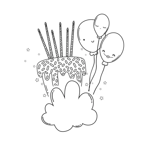 Bursdagskake Skyer Med Ballonger Søte Tegneseriefigurer Vektortegning – stockvektor