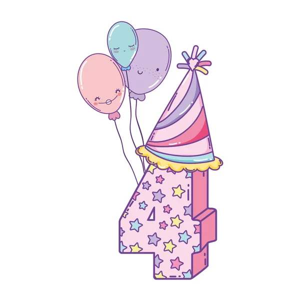 Cumpleaños Número Cuatro Con Sombrero Globos Dibujos Animados Lindo — Vector de stock