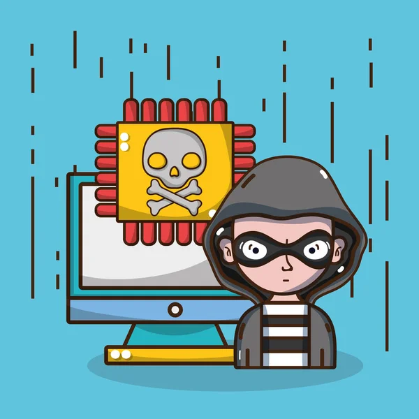 Hacker Systèmes Sécurité Éléments Technologiques Symboles Dessins Animés Illustration Vectorielle — Image vectorielle