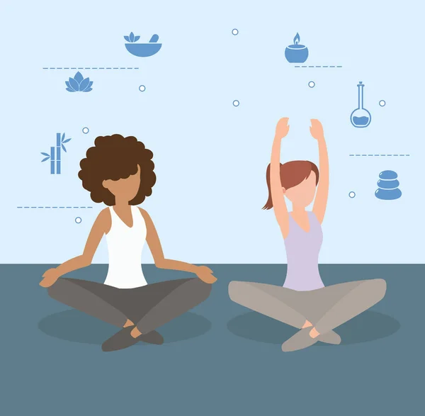 Mujeres Jóvenes Haciendo Yoga Pose Símbolos Budistas Dibujos Animados — Vector de stock