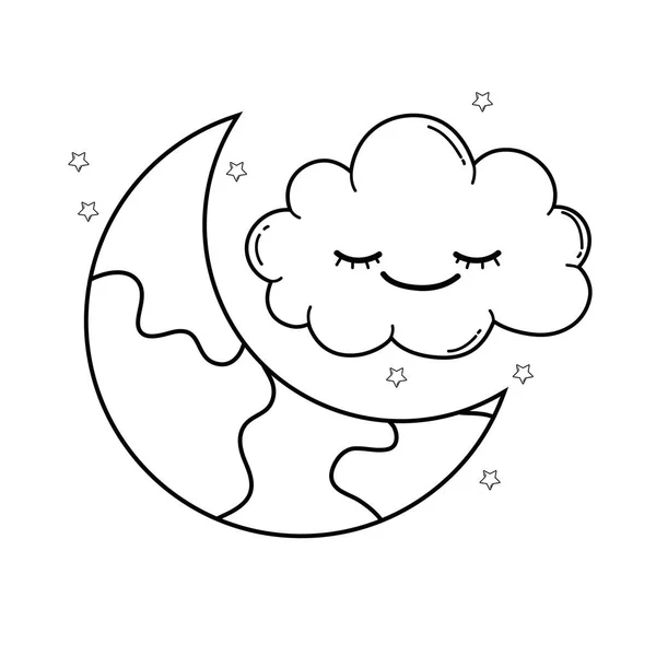 Nube Sonriendo Luna Con Estrellas Lindas Caricaturas Vector Ilustración Diseño — Archivo Imágenes Vectoriales