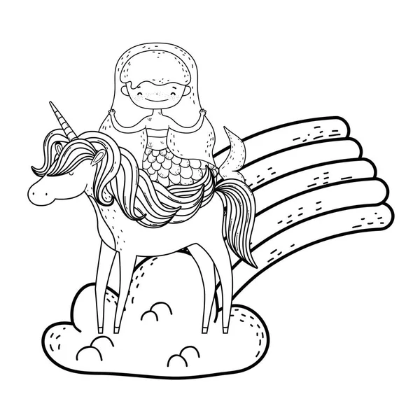 Sirène Avec Licorne Arc Ciel Dans Les Nuages Vectoriel Illustration — Image vectorielle