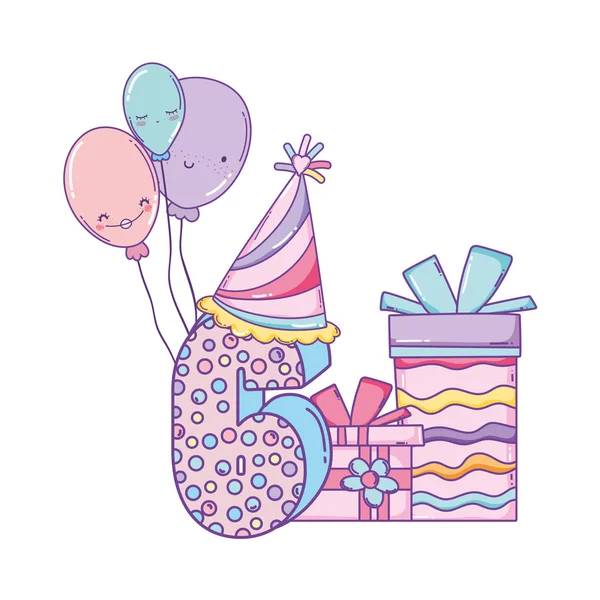 Feliz Cumpleaños Número Seis Con Cajas Regalo Globos Sonrientes Dibujos — Vector de stock