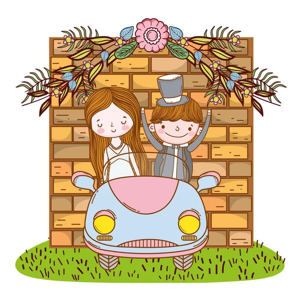 Wedding Couple Vintage Car Cute Bricks Wall Cartoons Vector Illustration — Stock Vector