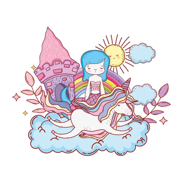 ユニコーンと虹雲ベクトル イラスト デザインのマーメイド — ストックベクタ