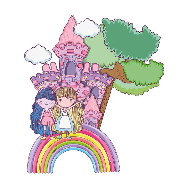 Niedliche Kleine Feen Paar Mit Schloss Und Regenbogen Vektor Illustration — Stockvektor