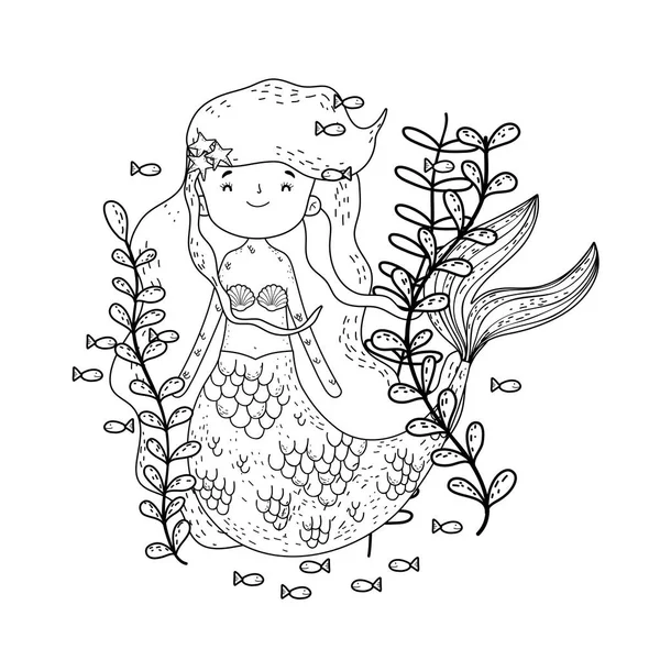 Милая Русалка Морем Дизайном Векторной Иллюстрации Морских Водорослей — стоковый вектор