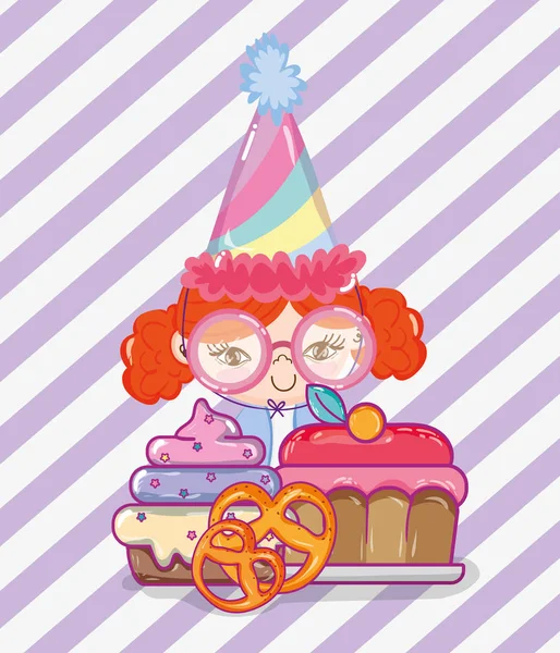 Chica Cumpleaños Con Pasteles Pretzel Dibujos Animados Vector Ilustración Diseño — Archivo Imágenes Vectoriales