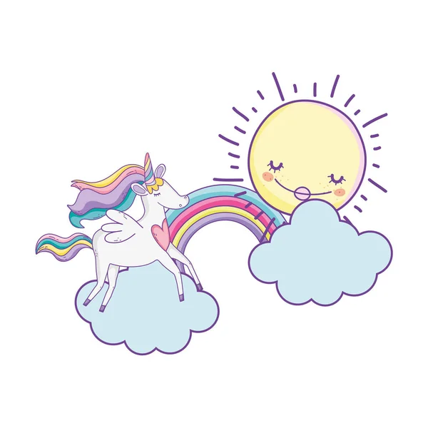 雲と虹かわいい漫画のベクトル イラスト グラフィック デザインにユニコーン飛行 — ストックベクタ