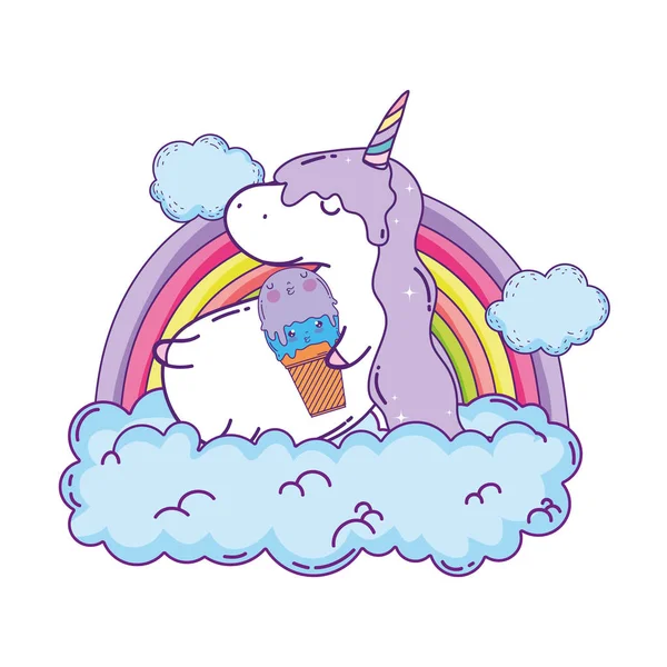 可爱的独角兽与云和彩虹卡瓦伊矢量插图设计 — 图库矢量图片