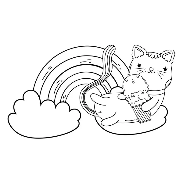 Niedliche Katze Mit Eis Regenbogenvektor Illustration Design — Stockvektor