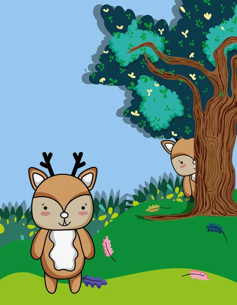 可爱的驯鹿动物在森林卡通矢量插图图形设计 — 图库矢量图片