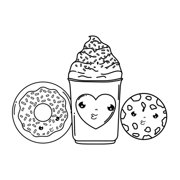 Mignonne Crème Glacée Avec Biscuit Beignets Kawaii Vecteur Illustration Design — Image vectorielle