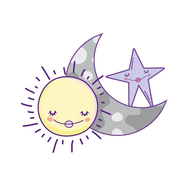 Månen Och Solen Ler Med Stjärna Söta Teckningar Vektor Illustration — Stock vektor