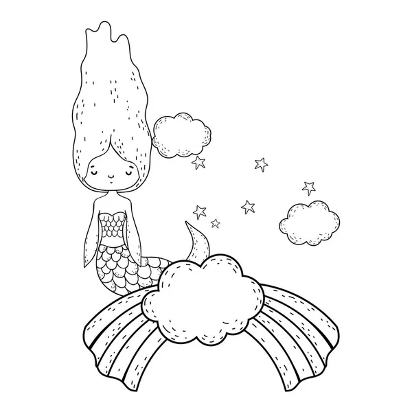 Schattige Zeemeermin Met Wolken Een Regenboog Vector Illustratie Ontwerp — Stockvector
