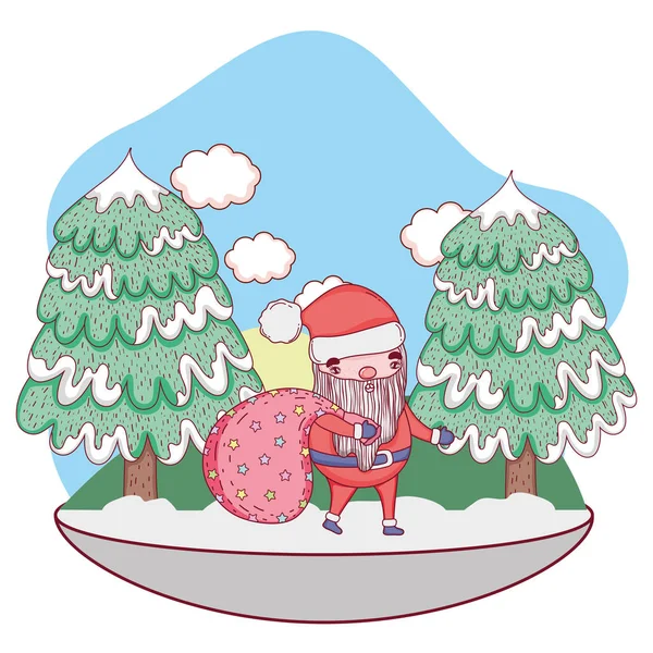 Niedlichen Weihnachtsmann Mit Tasche Der Landschaft Vektor Illustration — Stockvektor