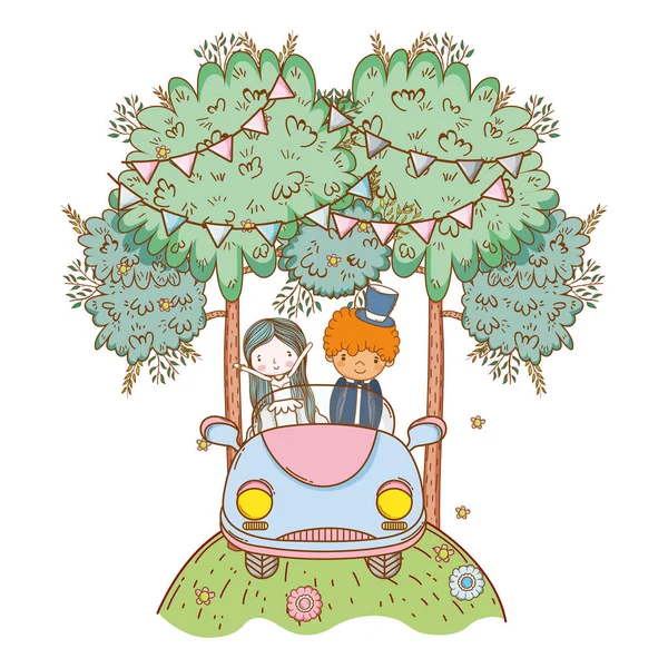 Hochzeitspaar Auf Oldtimer Der Natur Cartoons Vektor Illustration Grafik Design — Stockvektor