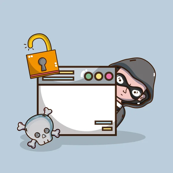 Hacker Systèmes Sécurité Éléments Technologiques Symboles Dessins Animés Illustration Vectorielle — Image vectorielle