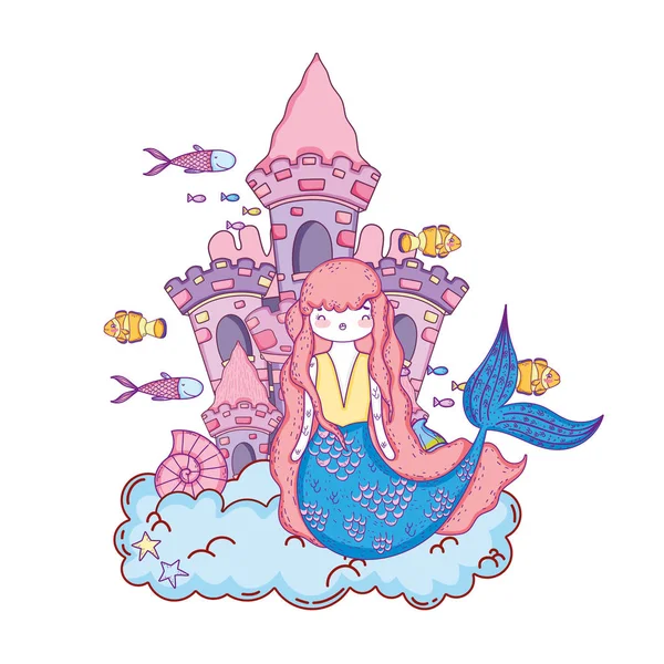 Sirena Con Castillo Escena Submarina Vector Ilustración Diseño — Archivo Imágenes Vectoriales