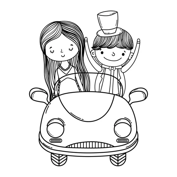 Hochzeitspaar Ehe Auf Oldtimer Niedlich Cartoon Vektor Illustration Grafik Design — Stockvektor