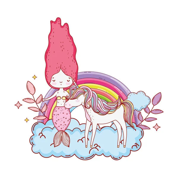 Putri Duyung Dengan Unicorn Dan Pelangi Awan Vektor Desain Ilustrasi - Stok Vektor