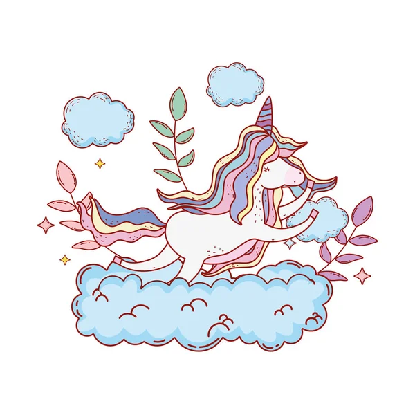 Niedliche Märchenhafte Einhorn Mit Wolken Vektor Illustration Design — Stockvektor