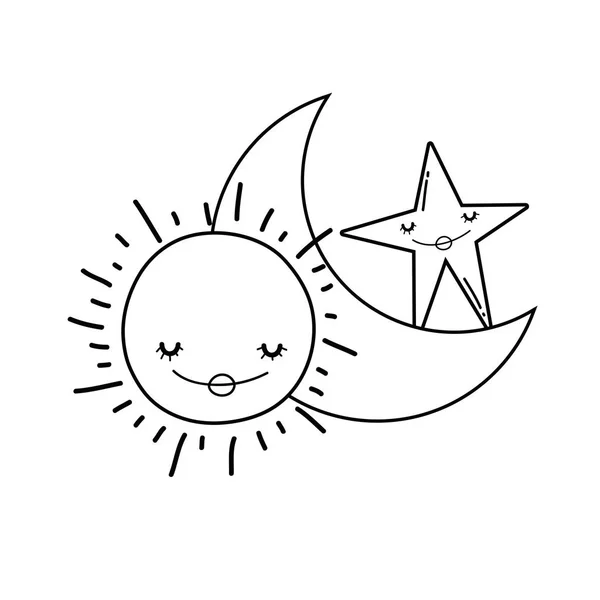 Σελήνη Και Ήλιος Χαμογελαστός Αστέρι Χαριτωμένα Κινούμενα Σχέδια Διανυσματικά Εικονογράφηση — Διανυσματικό Αρχείο