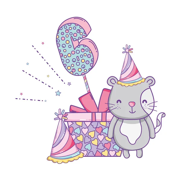 Happy Birthday Cat Number Six Gift Box Hat Vector Illustration — Stock Vector