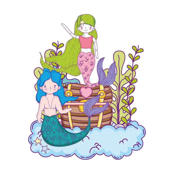 Paar Meerjungfrauen Mit Schatzkiste Unterwasser Vektor Illustration Design — Stockvektor
