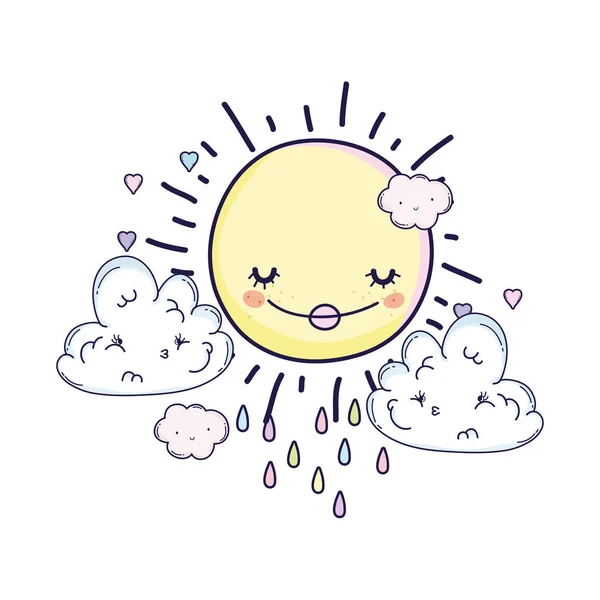 Ήλιο Και Σύννεφα Βροχή Και Χαμογελαστός Κινούμενα Σχέδια Διανυσματικά Εικονογράφηση — Διανυσματικό Αρχείο