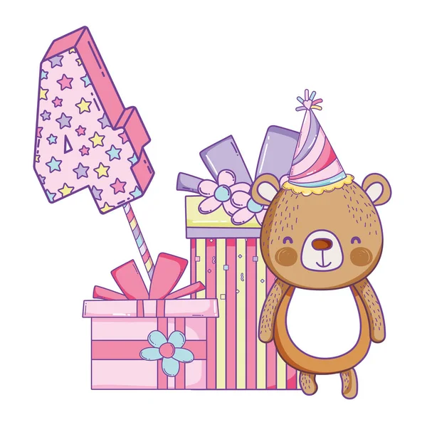 生日熊第四与礼品盒和帽子卡通矢量插图图形设计 — 图库矢量图片