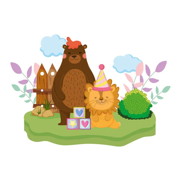 Cute Little Lion Party Hat Vector Illustration Design — Stock Vector
