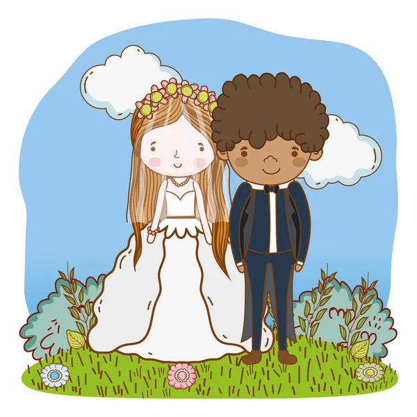 Pareja Boda Naturaleza Paisaje Lindo Vector Dibujos Animados Ilustración Diseño — Vector de stock