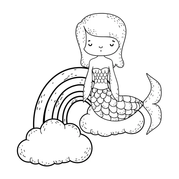 Schattige Zeemeermin Met Wolken Een Regenboog Vector Illustratie Ontwerp — Stockvector
