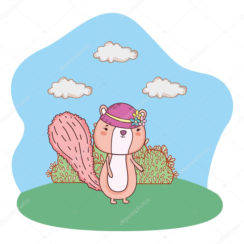 cute little chipmunk with female hat in the field vector illustration design