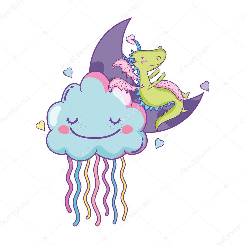 Cute dragon on clouds and moon cartoons vector illustration graphic design