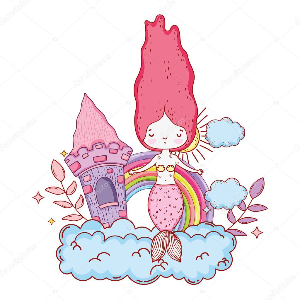 mermaid with castle and rainbow vector illustration design