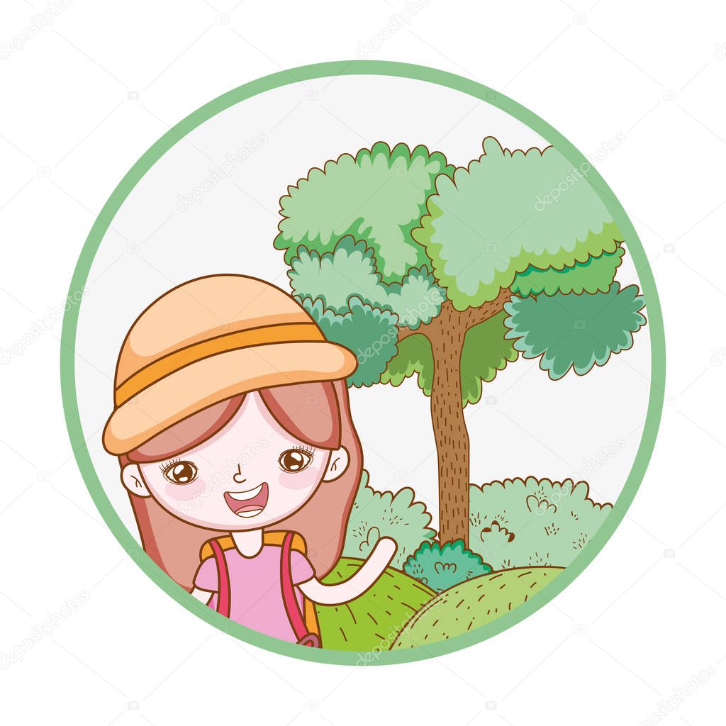 traveler ecological tourism girl with hat and trees in round icon  vector illustration graphic design