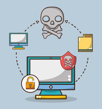 Güvenlik sistemi sembolleri ve teknoloji öğeleri çizgi film illüstrasyon grafik tasarım vektör