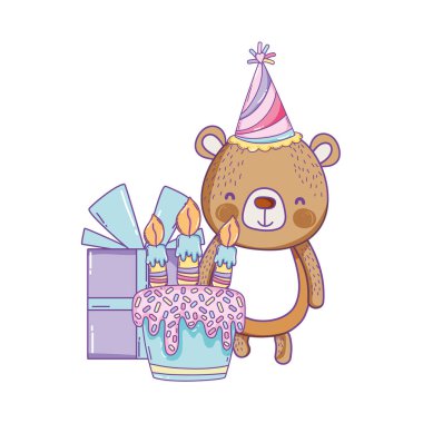 İyi ki doğdun ayı hediye kutusu ve pasta karikatür vektör çizim grafik tasarım ile