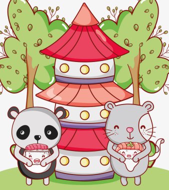 Kedi ve Japon yemekleri kawaii karikatürler ile ayı panda illüstrasyon grafik tasarım vektör