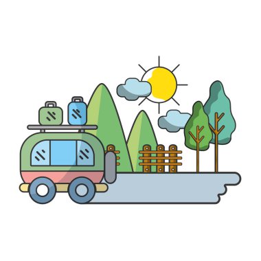 Tatil ve seyahat van öğeleri karikatürler vektör çizim grafik tasarım ile