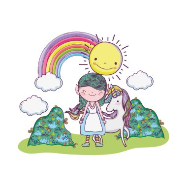 gökkuşağı ve tek boynuzlu at vektör illüstrasyon tasarımı ile sevimli küçük peri