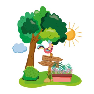 horoz ve houseplant Bahçe vektör tasarım ahşap ok